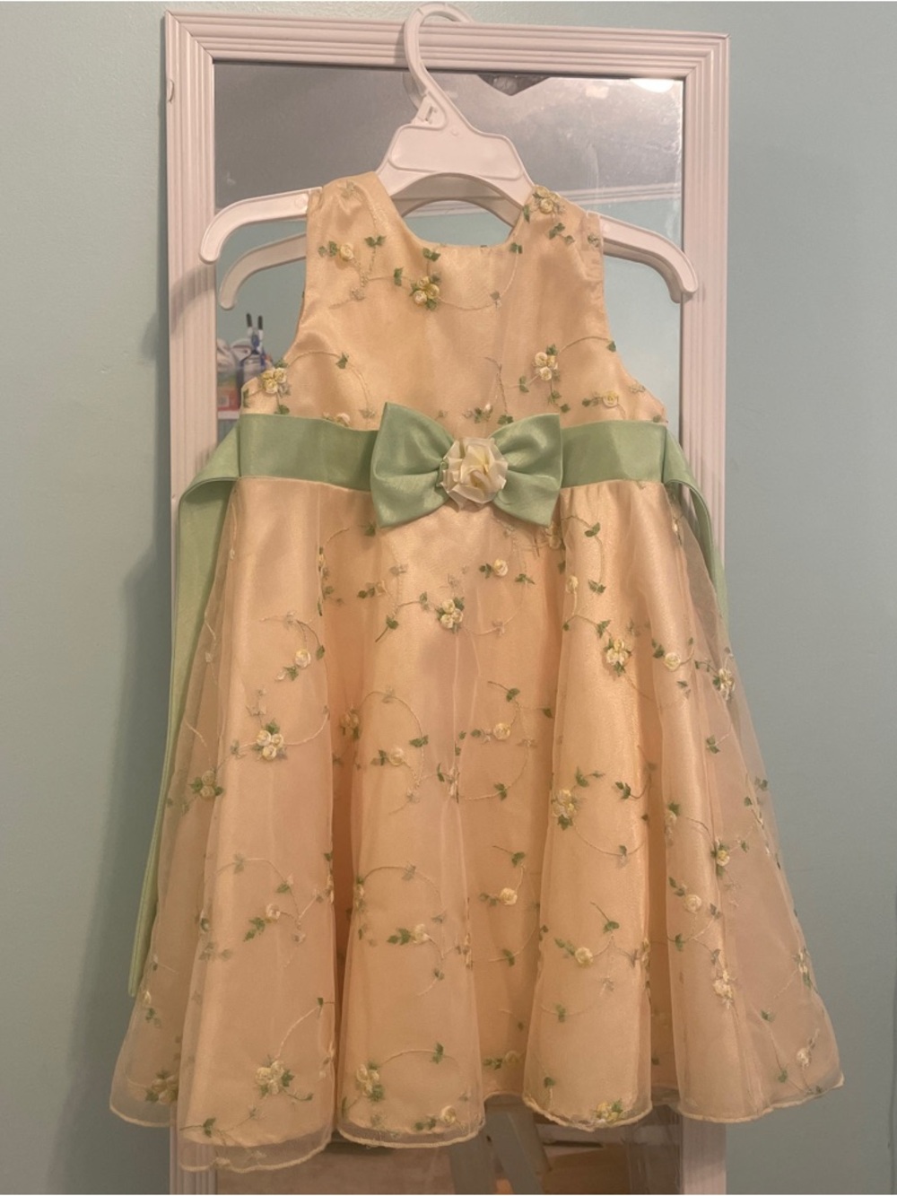 Girls' Floral Embroidered Pale Yellow Dress with Sage Bow 3T